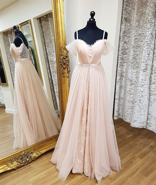 Pink sweetheart neck tulle beads long prom dress, sleeveless evening dress main image 1