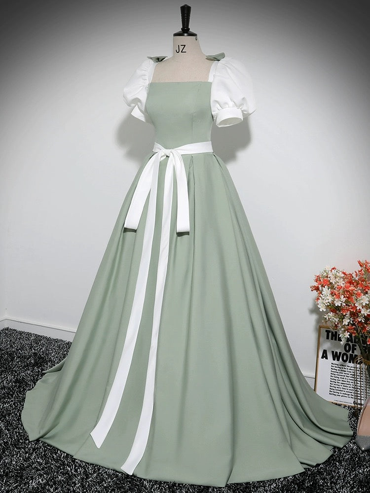 
                  
                    A-Line Puff Sleeves Satin Green Long Prom Dress, Green Long Formal Dress
                  
                