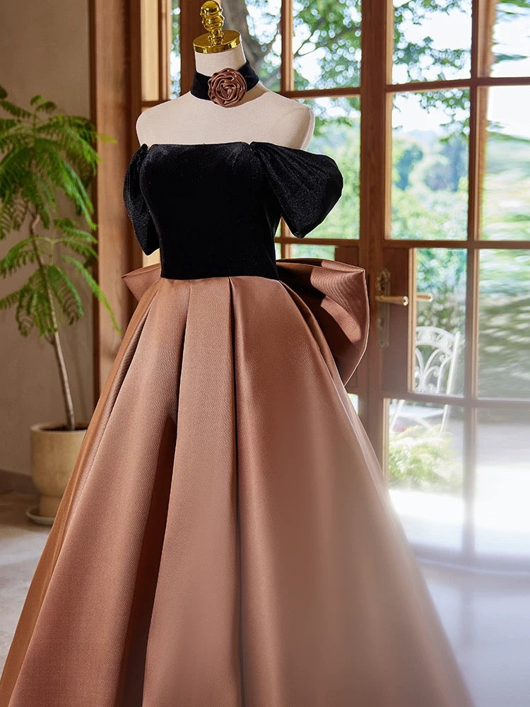 A-Line Satin Velvet Brown Long Prom Dress, Brown Long Formal Dress shdress A-Line Satin Velvet Brown Long Prom Dress, Brown Long Formal Dress shdress