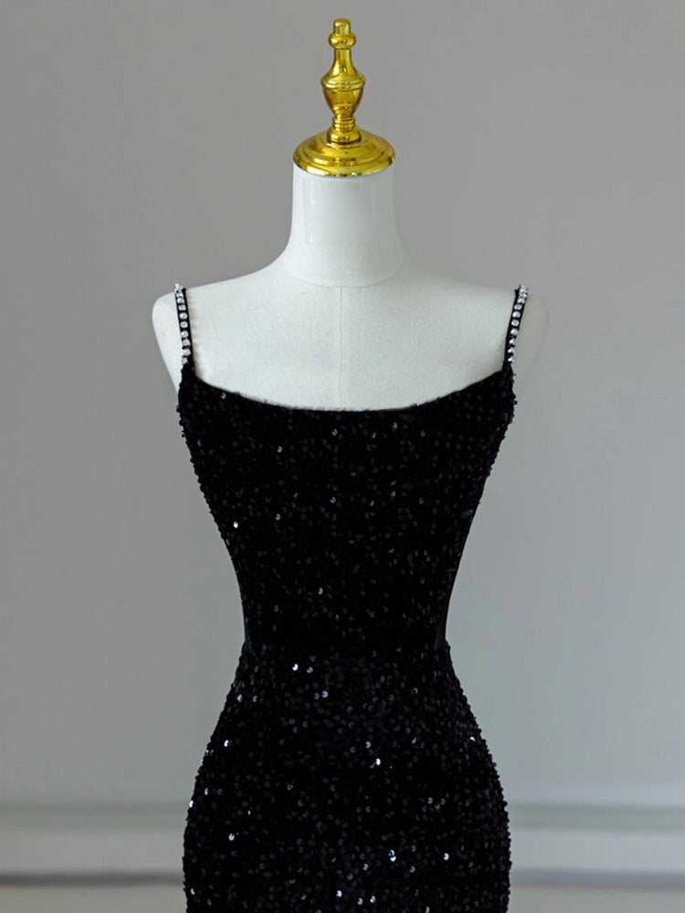 Simple Mermaid Velvet Sequin Black Long Prom Dress, Black Evening Dress