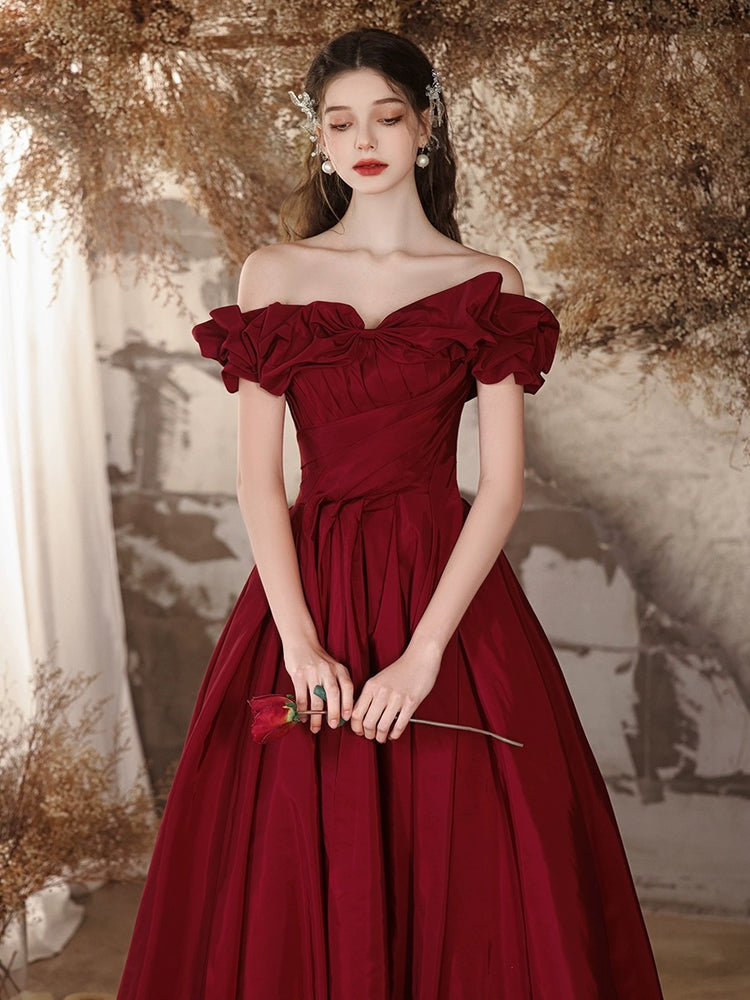A-Line Off Shoulder Satin Burgundy Long Prom Dress, Burgundy Long Form – shdress