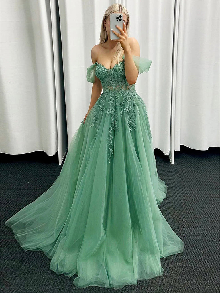 Green Tulle Beading Long Prom Dresses, Green Formal Graduation Dresses