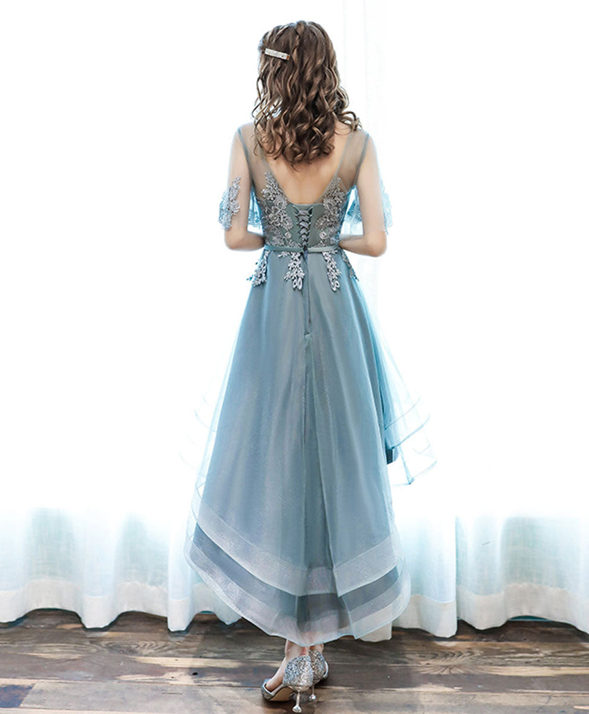 A-Line Tulle Lace Gray Green High Low Prom Dress, Gray Green Formal Dr shdress A-Line Tulle Lace Gray Green High Low Prom Dress, Gray Green Formal Dr shdress