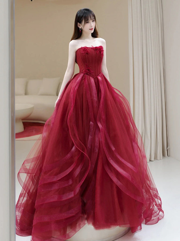 Burgundy A-Line Tulle Long Prom Dress, Burgundy Formal Evening Dress