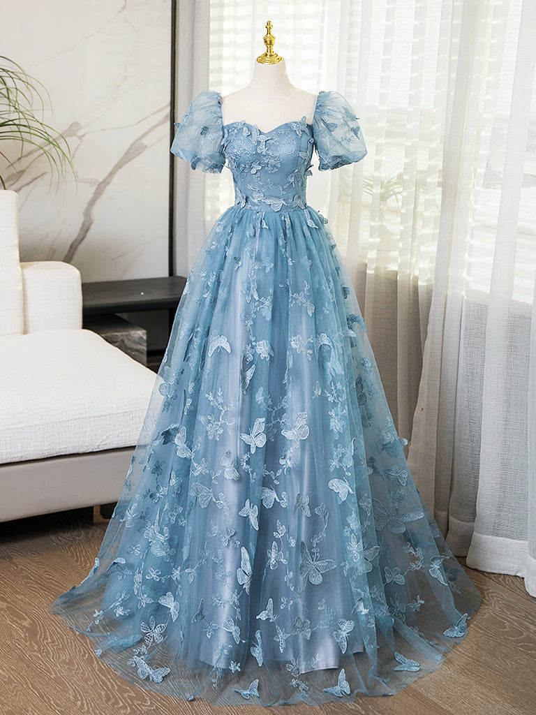 A-Line Tulle Lace Gray Blue Long Prom Dress, Gray Blue Long Sweet 16 Dress