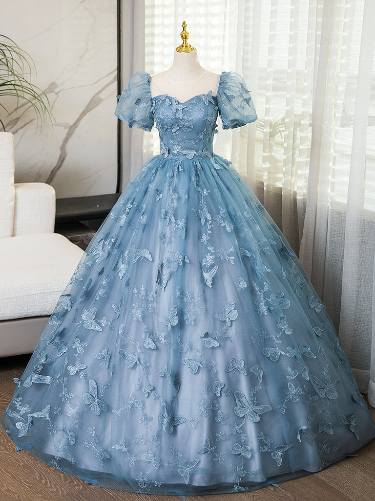 A-Line Tulle Lace Gray Blue Long Prom Dress, Gray Blue Long Sweet 16 D shdress A-Line Tulle Lace Gray Blue Long Prom Dress, Gray Blue Long Sweet 16 D shdress
