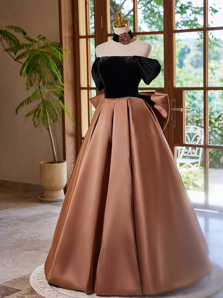 A-Line Satin Velvet Brown Long Prom Dress, Brown Long Formal Dress shdress A-Line Satin Velvet Brown Long Prom Dress, Brown Long Formal Dress shdress