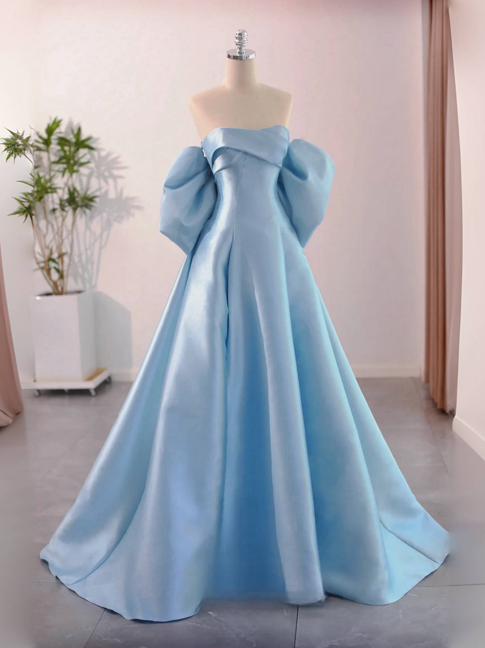 A-Line Satin Blue Long Prom Dress with Bow