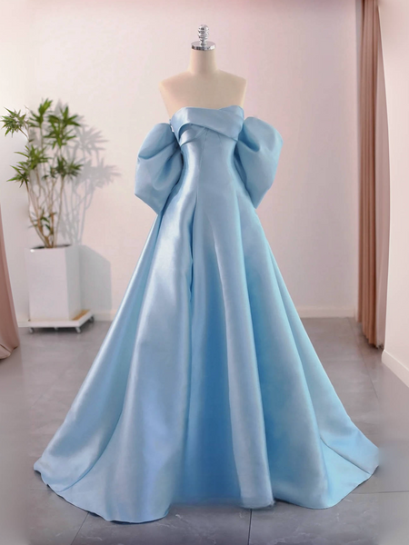 A-Line Satin Blue Long Prom Dress with Bow shdress A-Line Satin Blue Long Prom Dress with Bow shdress