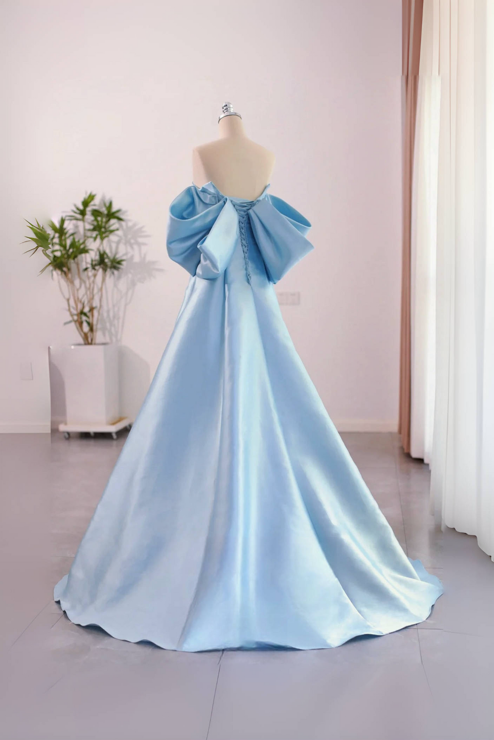 A-Line Satin Blue Long Prom Dress with Bow shdress A-Line Satin Blue Long Prom Dress with Bow shdress