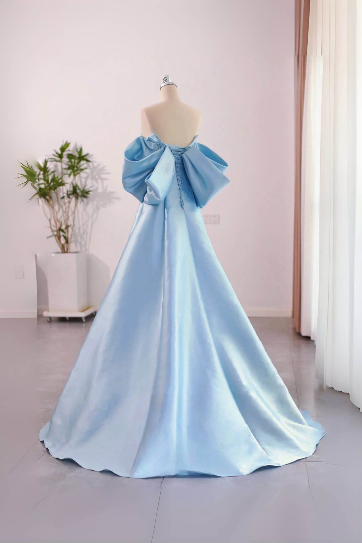 A-Line Satin Blue Long Prom Dress with Bow shdress A-Line Satin Blue Long Prom Dress with Bow shdress