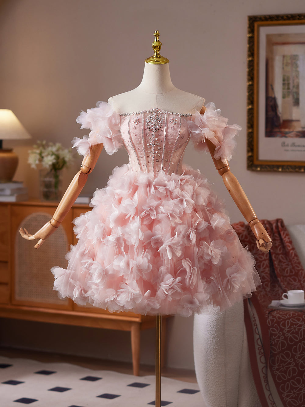A-Line Tulle Beads Pink Short Prom Dress, Pink Homecoming Dress – shdress