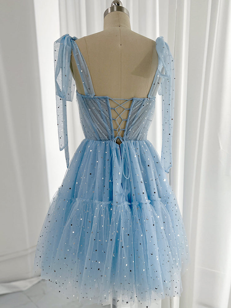 
                  
                    A-Line Sweetheart Neck Tulle Lace Blue Short Prom Dress, Blue Homecoming Dress
                  
                
