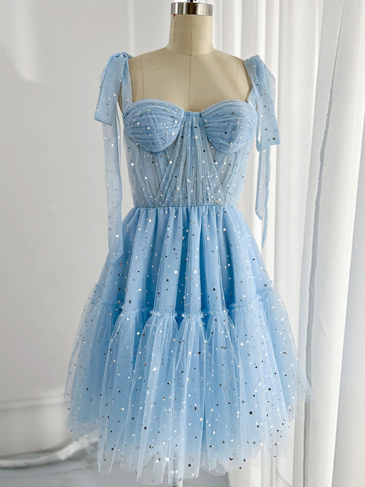A-Line Sweetheart Neck Tulle Lace Blue Short Prom Dress, Blue Homecoming Dress