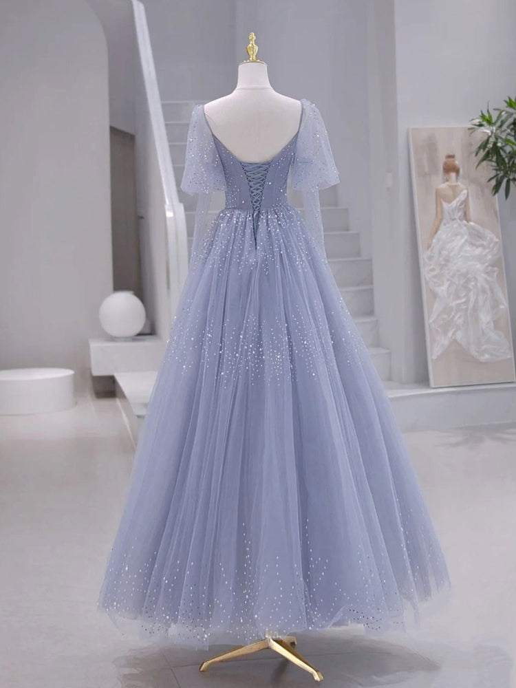 A-Line Long sleeves Beading Gray Blue Long Prom Dress, Gray Blue Forma shdress A-Line Long sleeves Beading Gray Blue Long Prom Dress, Gray Blue Forma shdress