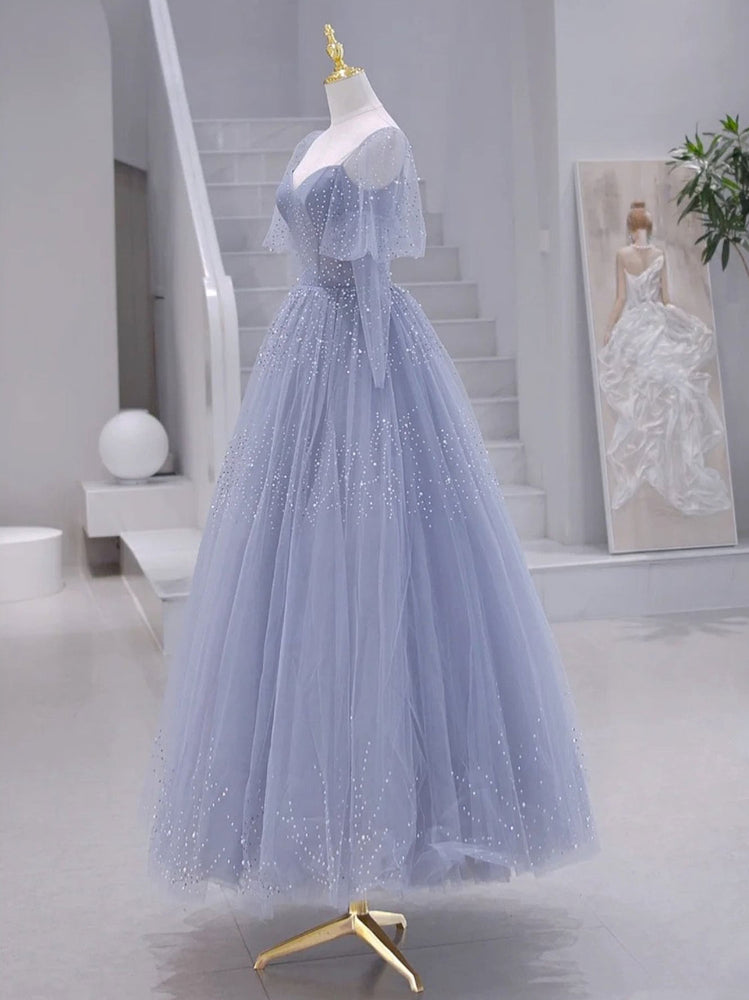 A-Line Long sleeves Beading Gray Blue Long Prom Dress, Gray Blue Forma shdress A-Line Long sleeves Beading Gray Blue Long Prom Dress, Gray Blue Forma shdress