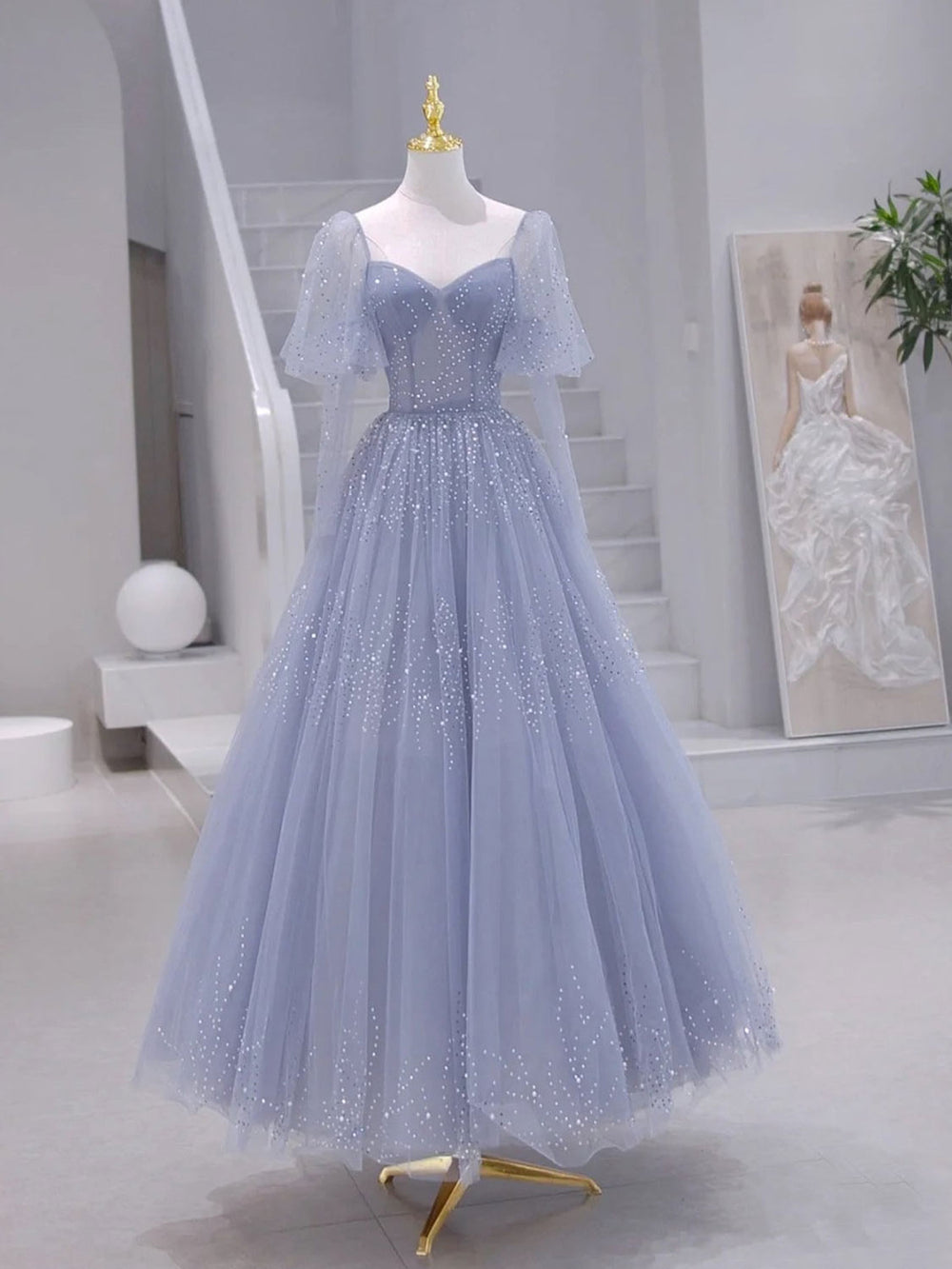 A-Line Long sleeves Beading Gray Blue Long Prom Dress, Gray Blue Forma shdress A-Line Long sleeves Beading Gray Blue Long Prom Dress, Gray Blue Forma shdress