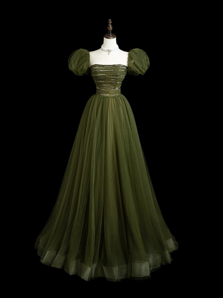 A-Line  Puff Sleeves Tulle Sequin Green Long Prom Dress, Green Long Evening Dress