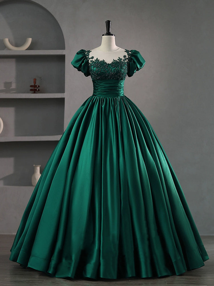 Green Round Neck Satin Lace Long Prom Dress, Green Lace Formal Dress