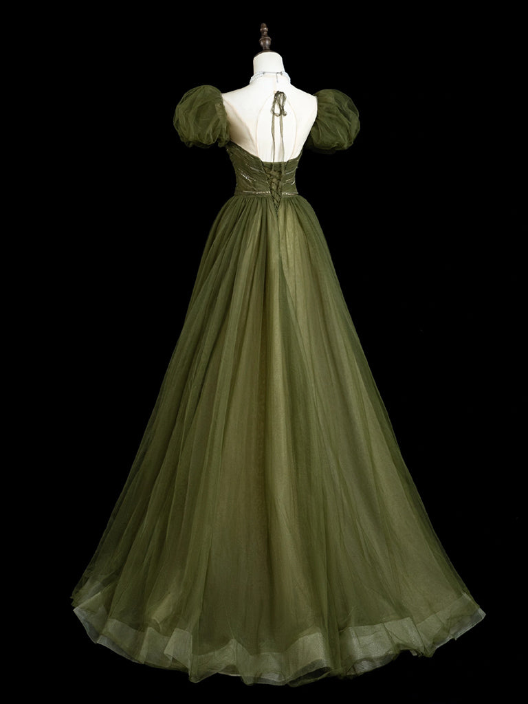 A-Line  Puff Sleeves Tulle Sequin Green Long Prom Dress, Green Long Evening Dress