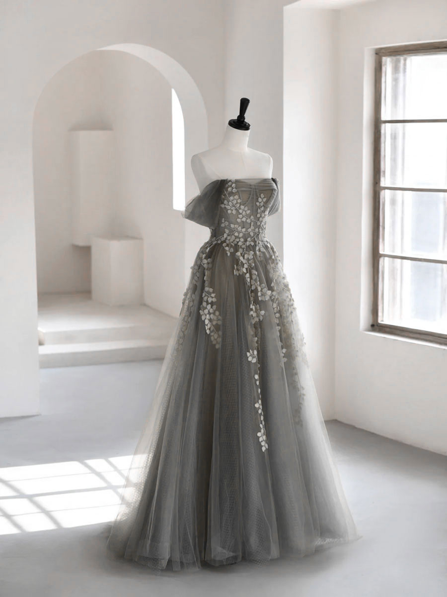 grey off the shoulder prom dress Gray Tulle Off Shoulder Long Prom Dress, Gray Tulle Formal Dress Custom Size / Gray