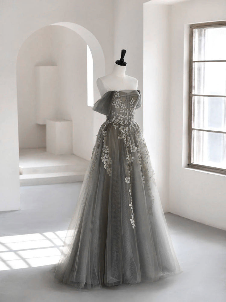 
                  
                    A-Line Off Shoulder Tulle Lace Gray Long Prom Dress, Gray Tulle Lace Formal Dress
                  
                
