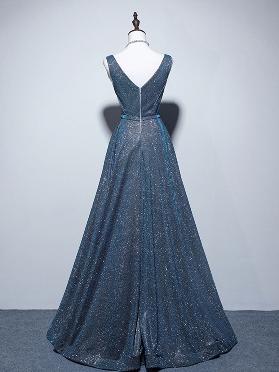 Blue A-line Long Formal Dress with Short Sleeves