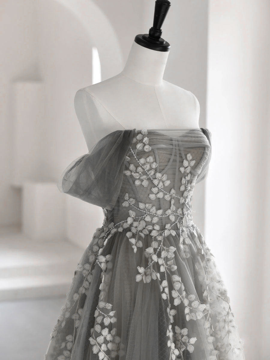A-Line Off Shoulder Tulle Lace Gray Long Prom Dress, Gray Tulle Lace F shdress A-Line Off Shoulder Tulle Lace Gray Long Prom Dress, Gray Tulle Lace F shdress
