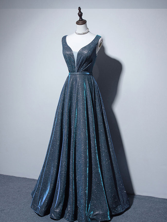 
                  
                    A-line V Neck Blue Long Prom Dress, Blue Formal Dresses
                  
                