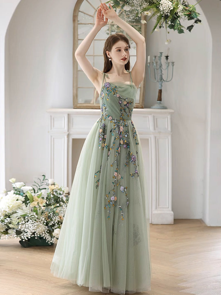 A-Line Tulle Lace Green Long Prom Dress, Green Long Formal Dress – shdress