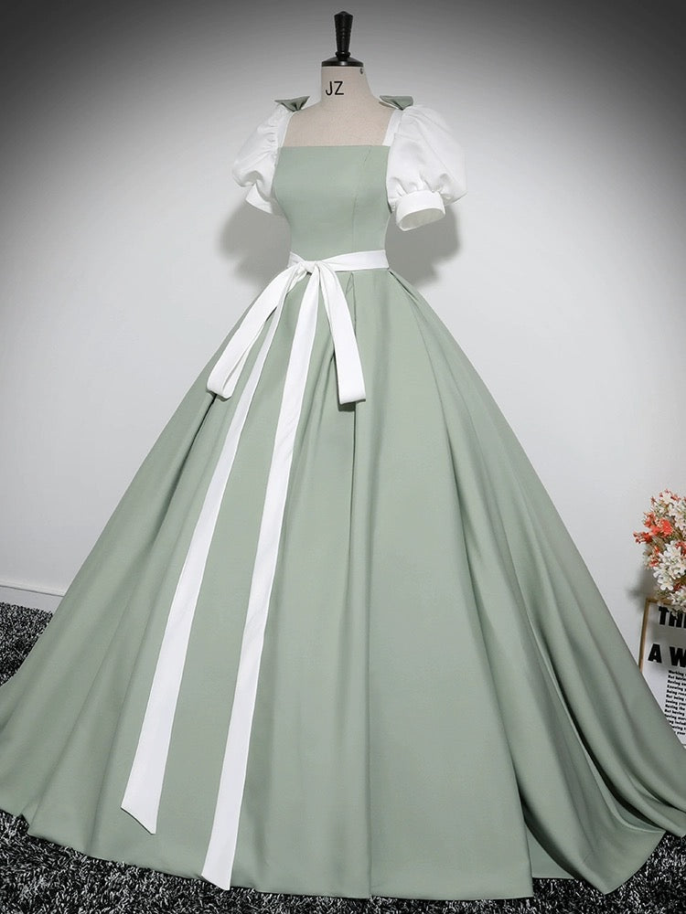 
                  
                    A-Line Puff Sleeves Satin Green Long Prom Dress, Green Long Formal Dress
                  
                