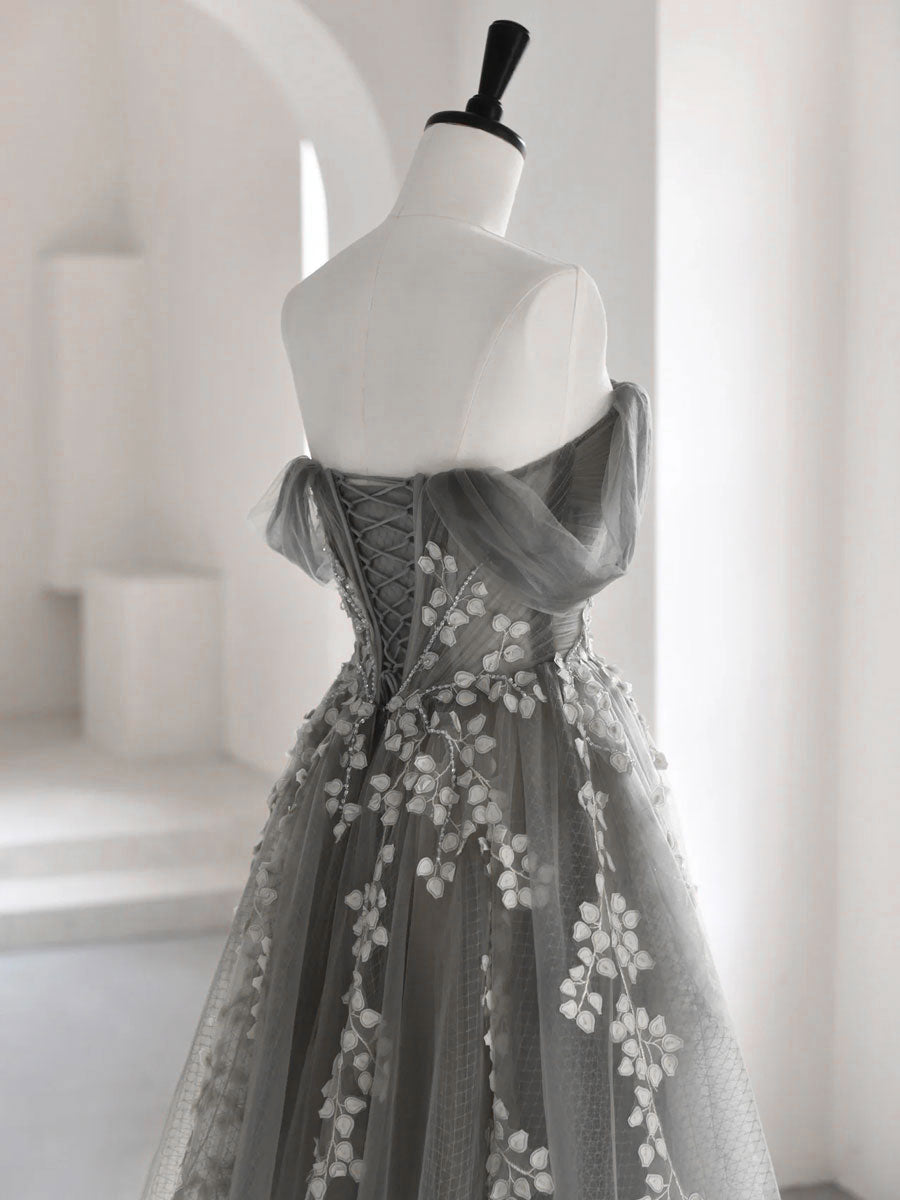 grey off the shoulder prom dress Gorgeous Ball Gown Off the Shoulder Open Back Grey Long Prom Dresses with Beaded,Evening Dresses,MP597