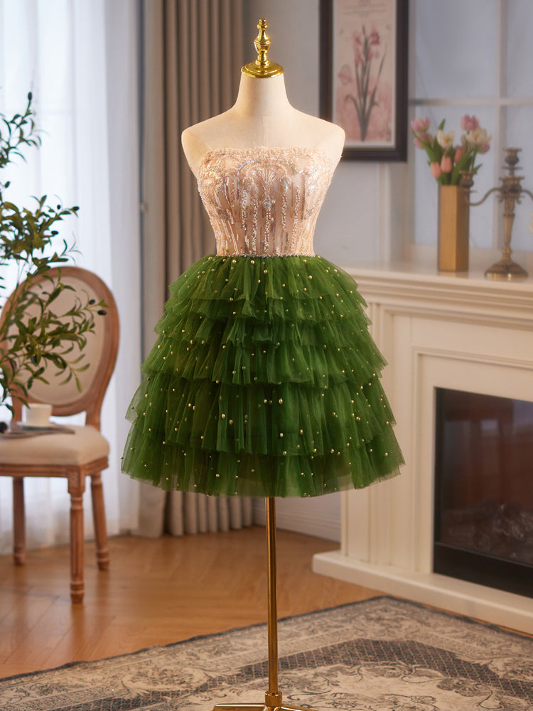 Champagne/Green Tulle Lace Short Prom Dress, Cute Homecoming Dress