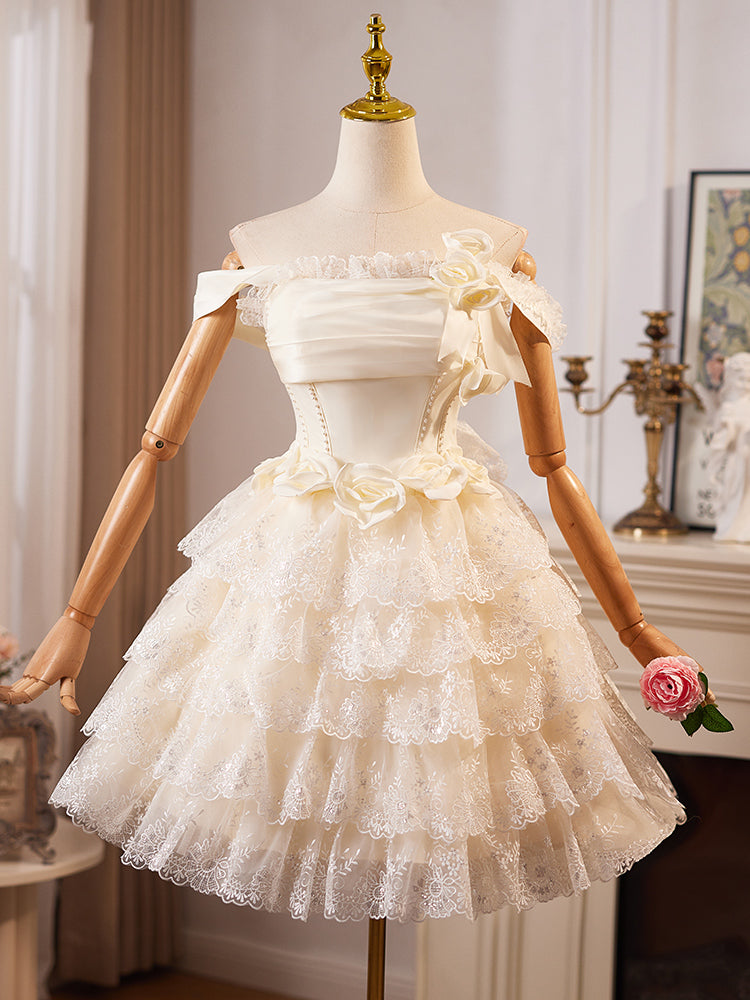 A-Line Off Shoulder Tulle Lace Short Champagne Prom Dress, Cute Homeco shdress A-Line Off Shoulder Tulle Lace Short Champagne Prom Dress, Cute Homeco shdress