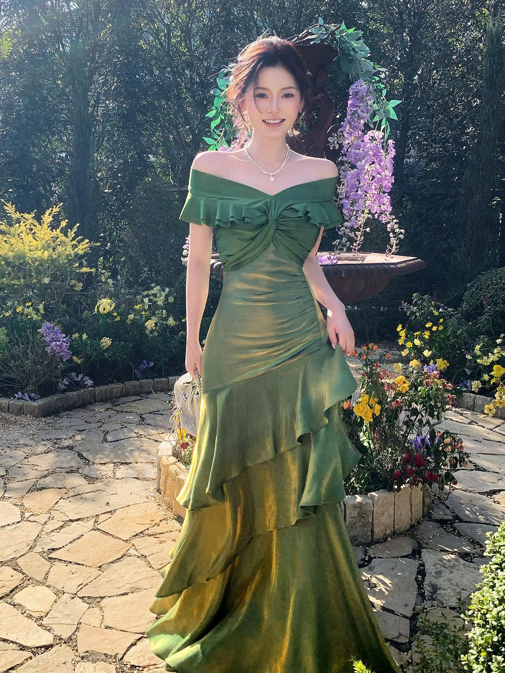 green off the shoulder mermaid dress Mermaid Off Shoulder Silk Floor Length Green Prom Dress – shdress