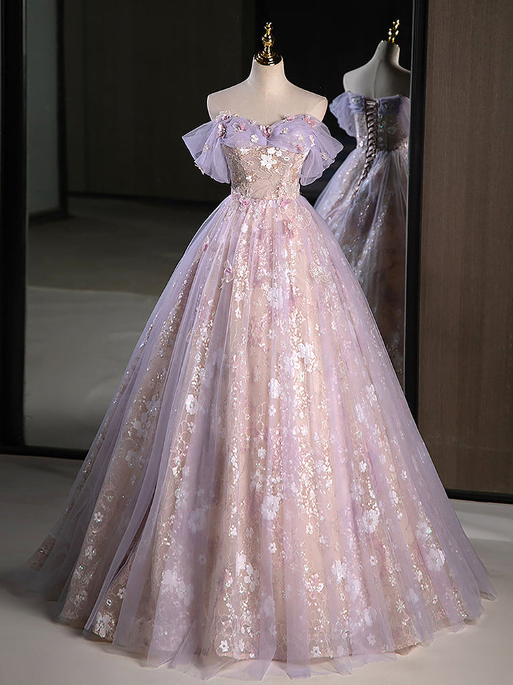 A-Line Tulle Purple Lace Long Prom Dress, Purple Long Sweet 16 Dress