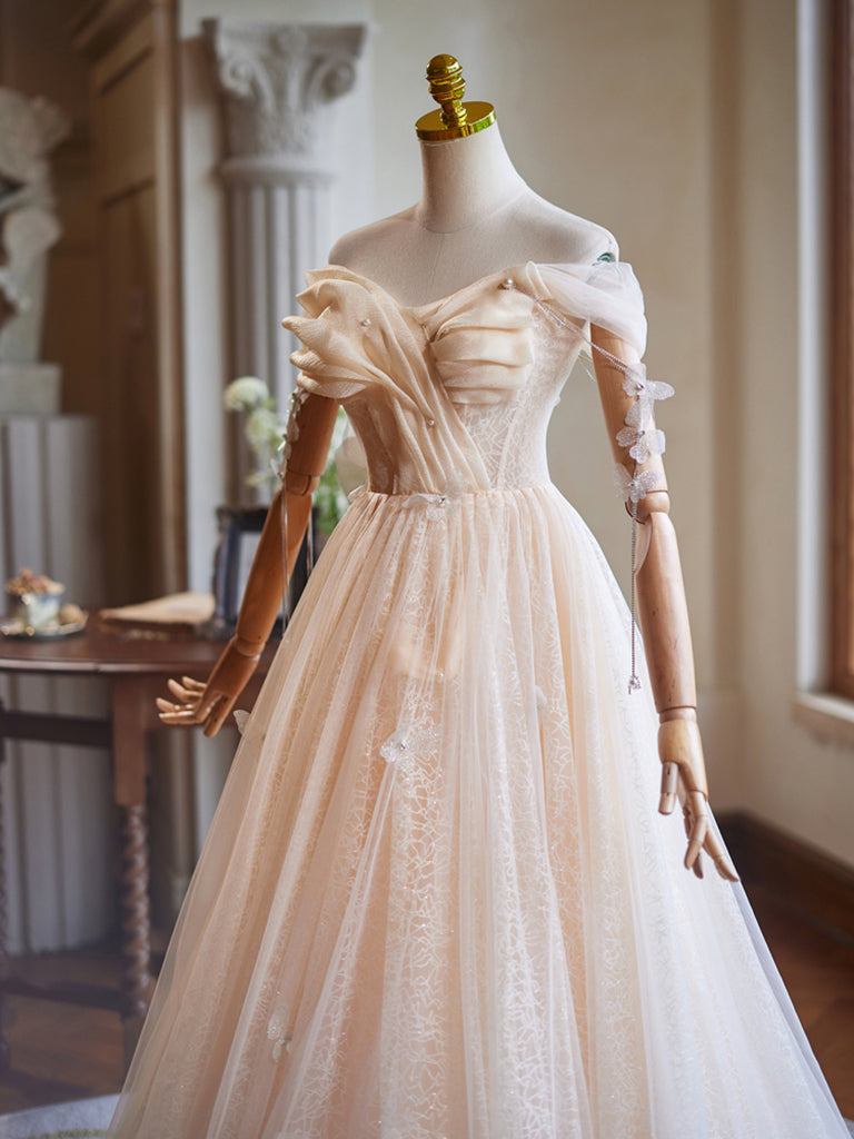 Champagne V Neck Tulle Lace Applique Long Prom Dress Sweet 16 Dress