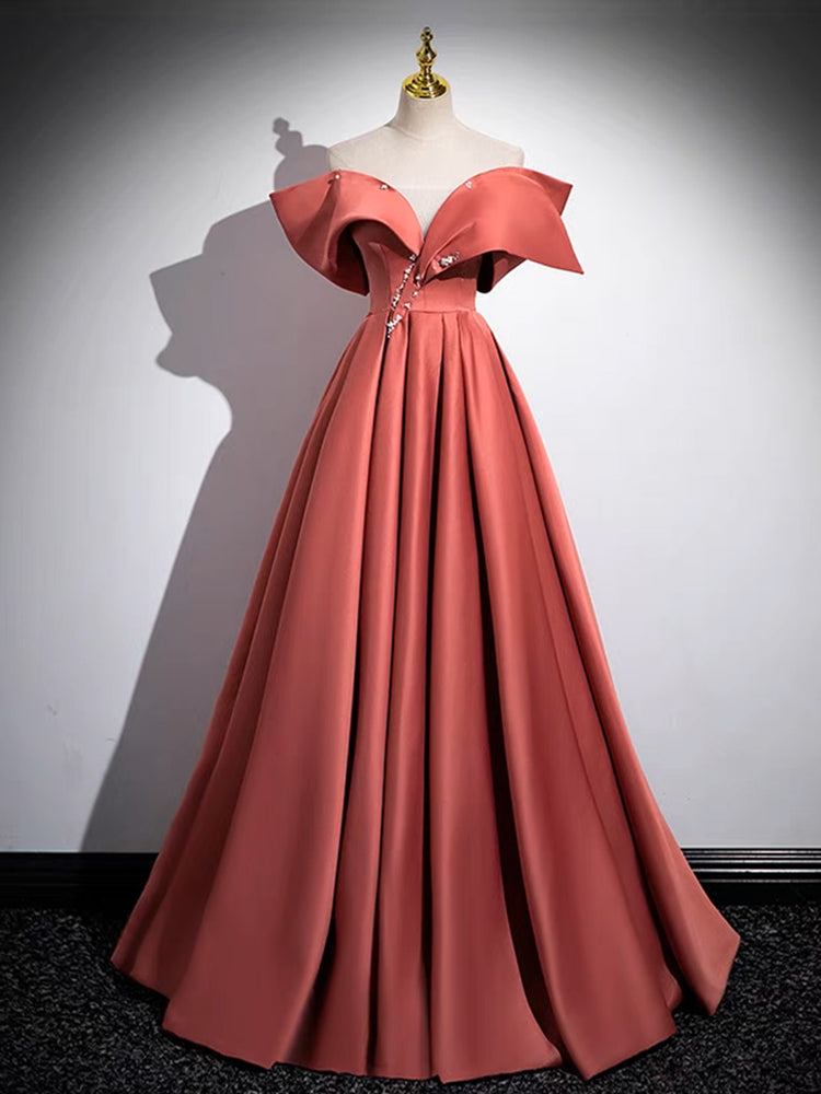 A-Line Off Shoulder Satin Watermelon Red Long Prom Dress, Watermelon L shdress A-Line Off Shoulder Satin Watermelon Red Long Prom Dress, Watermelon L shdress