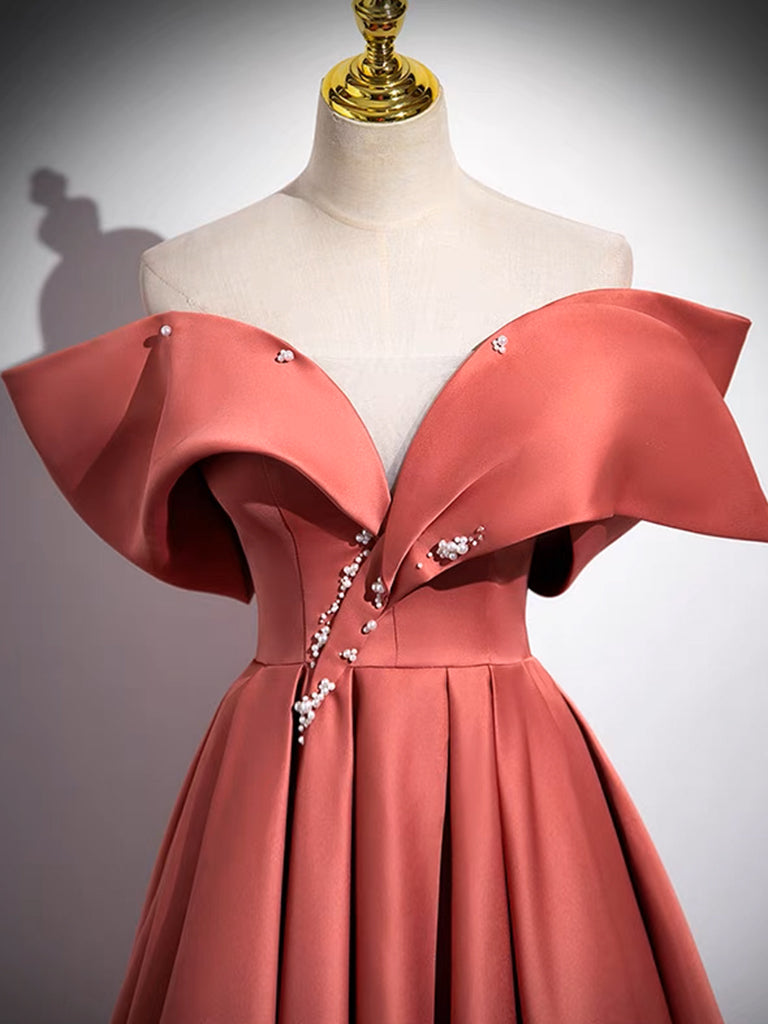 A-Line Off Shoulder Satin Watermelon Red Long Prom Dress, Watermelon L shdress A-Line Off Shoulder Satin Watermelon Red Long Prom Dress, Watermelon L shdress