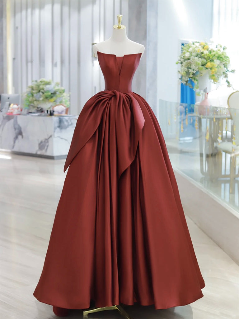 A-Line Satin Burgundy Long Prom Dress, Burgundy Long Evening Dress