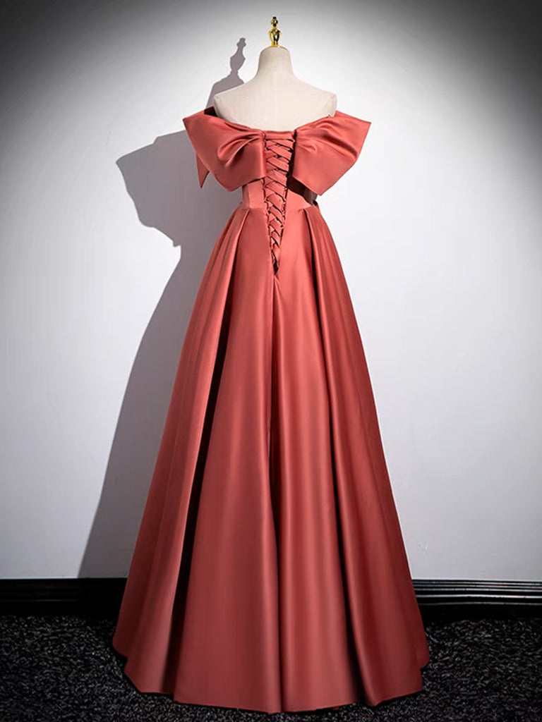 A-Line Off Shoulder Satin Watermelon Red Long Prom Dress, Watermelon L – shdress
