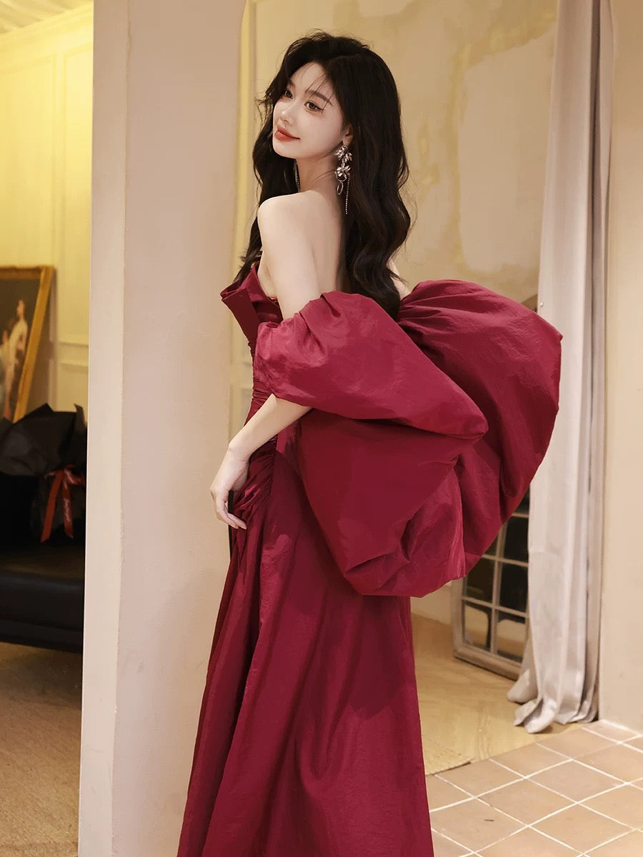 
                  
                    A-Line Taffeta Puff Sleeves Burgundy Long Prom Dress, Burgundy Long Formal Dress
                  
                
