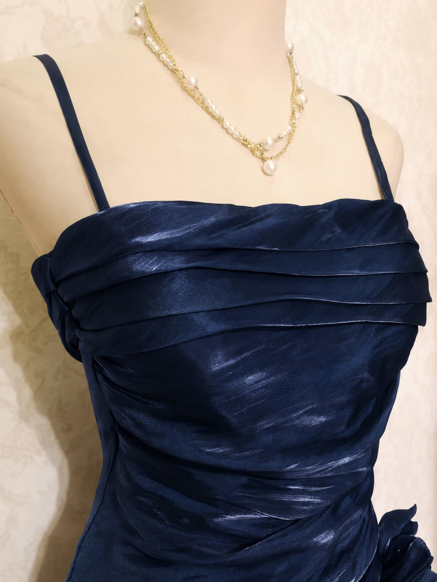 
                  
                    Simple A-line Silk Tea Length Silk Dark Blue Prom Dress
                  
                