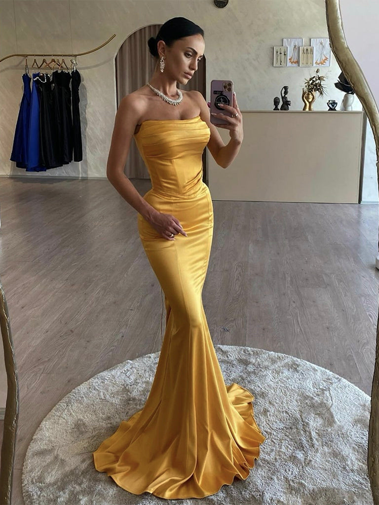 Simple Satin Mermaid Yellow Long Prom Dress, Yellow Evening Dress