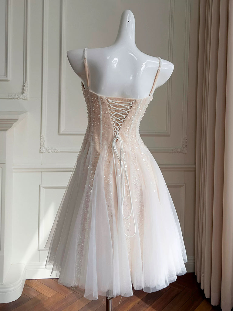 short champagne dresses for prom Champagne Tulle Lace Short Prom Dress, Champagne Homecoming Dress Custom Size / Champagne