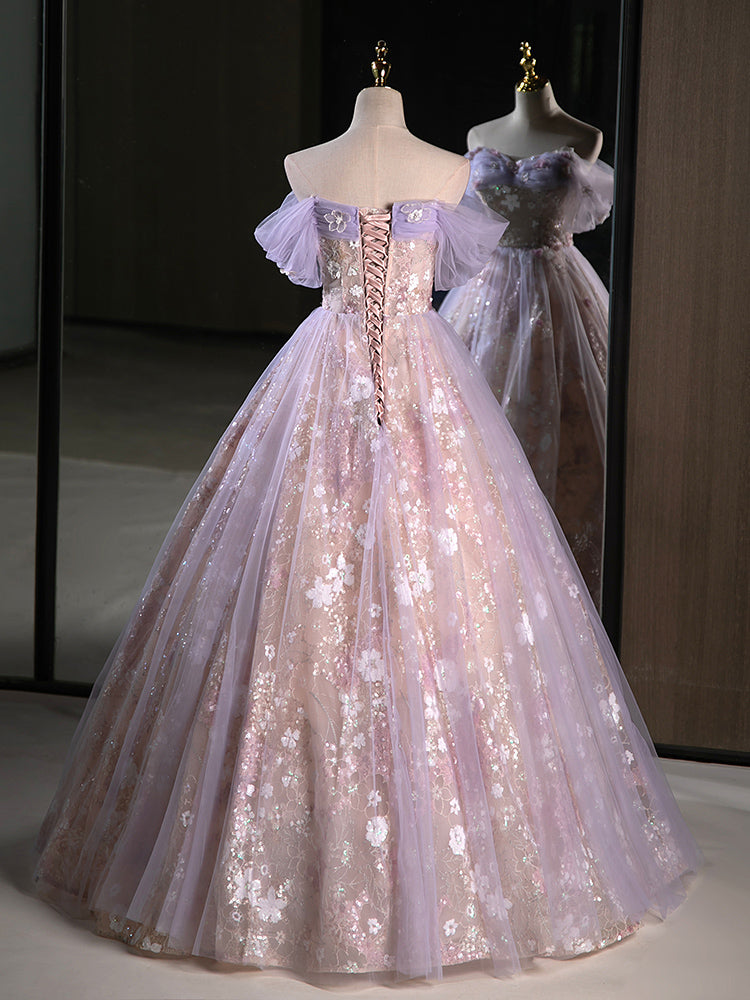 A-Line Tulle Purple Lace Long Prom Dress, Purple Long Sweet 16 Dress A-Line Tulle Purple Lace Long Prom Dress, Purple Long Sweet 16 Dress