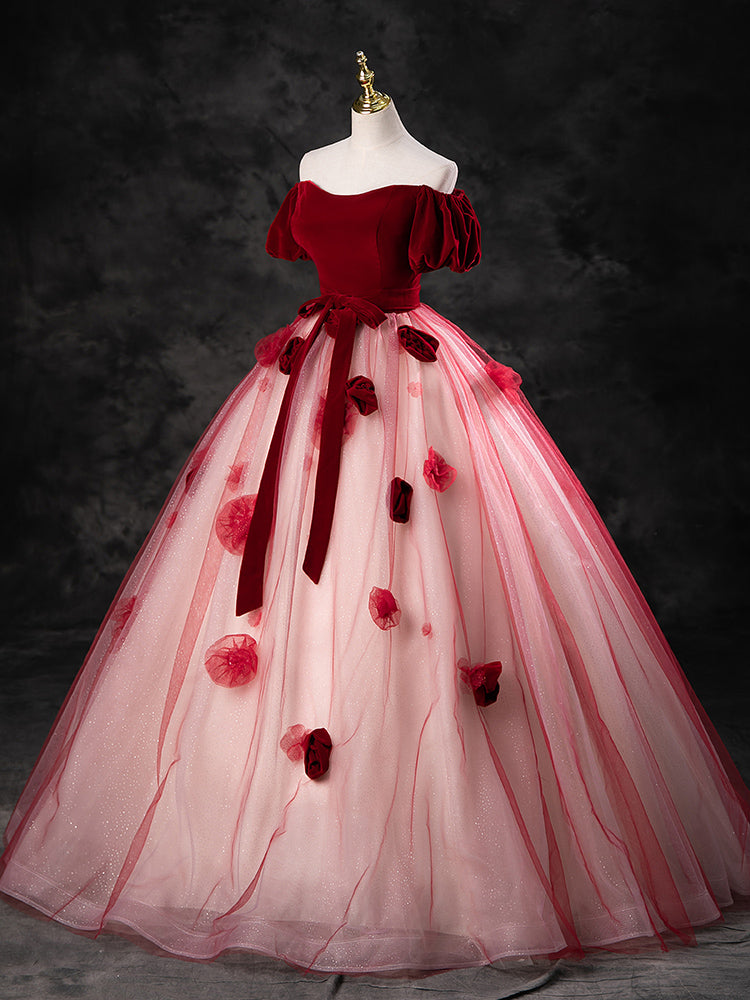 A-Line Tulle Burgundy Long Prom Dress, Burgundy Long Formal Dress – shdress