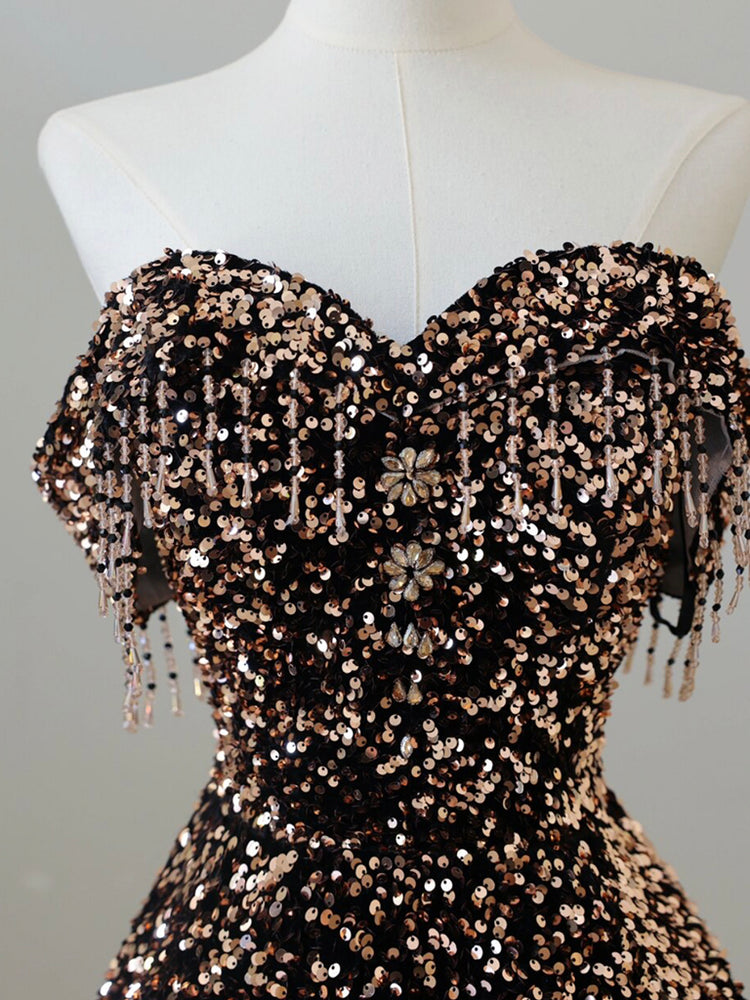 A-Line Off Shoulder Sequin Brown Long Prom Dress, Brown Long Evening D shdress A-Line Off Shoulder Sequin Brown Long Prom Dress, Brown Long Evening D shdress