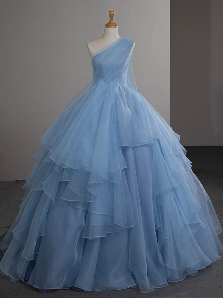 A-Line One Shoulder Tulle Blue Long Prom Dress, Blue Long Evening Dres