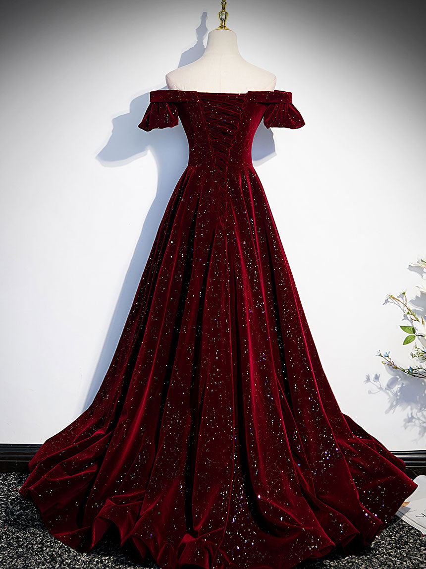 
                  
                    A-Line Velvet Burgundy Long Prom Dress, Burgundy Velvet  Long Formal Dress
                  
                